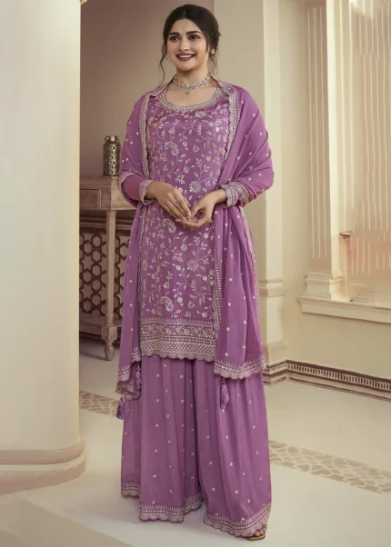 Thistle Purple Chinon Embroidered Sharara Suit