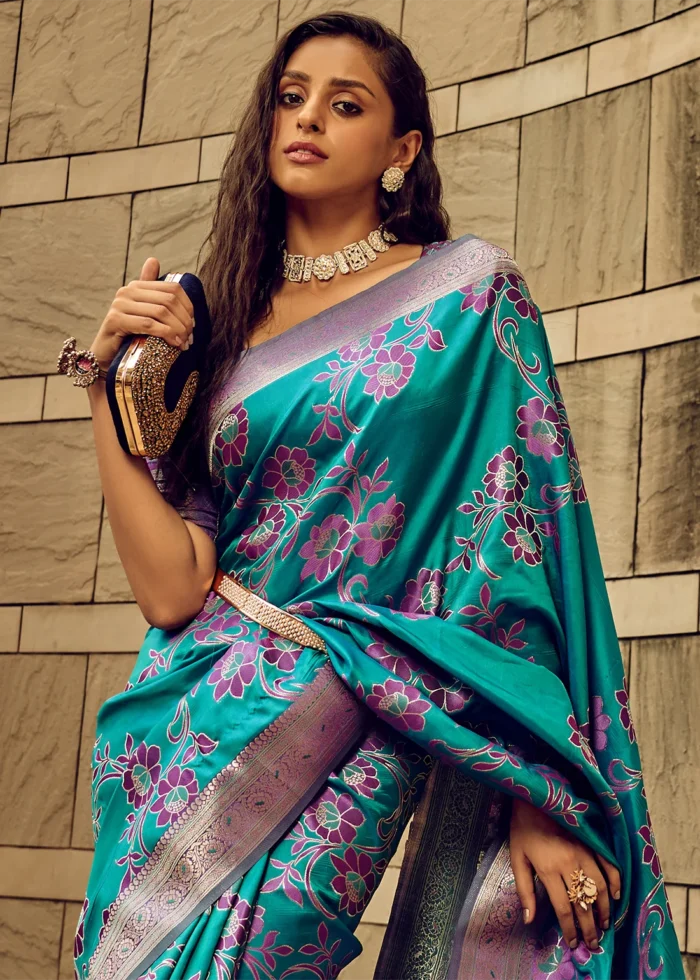 Turquoise Banarasi Satin Silk Saree