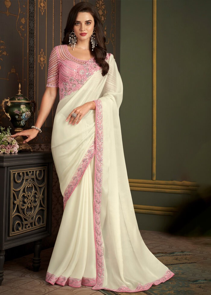 White Embroidered Georgette Saree