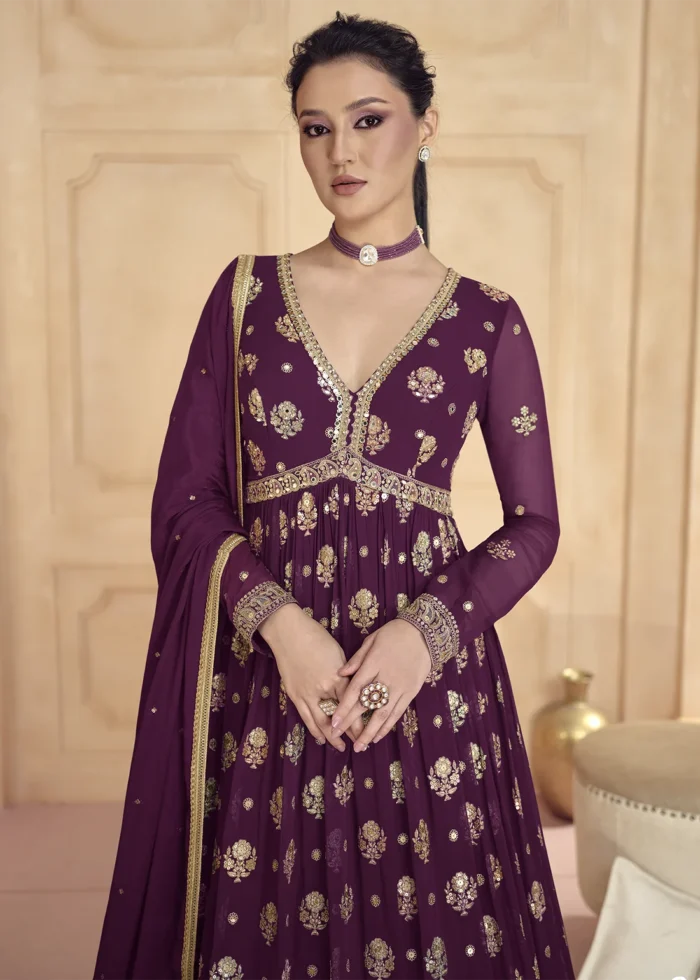 Wine Georgette Anarkali Gown with Heavy Embroidery