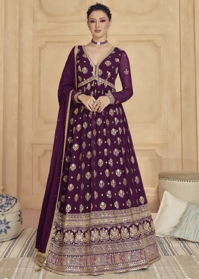 Wine Georgette Anarkali Gown with Heavy Embroidery