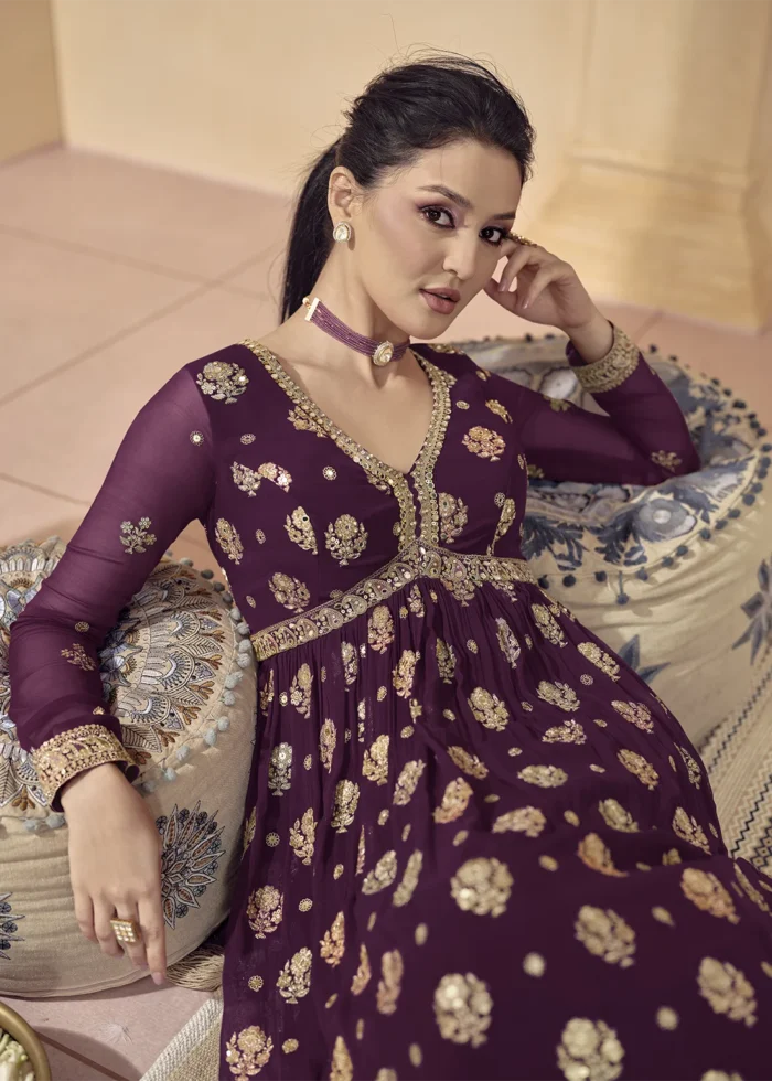 Wine Georgette Anarkali Gown with Heavy Embroidery