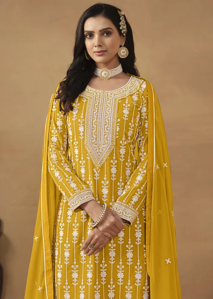 Yellow Embroidered Georgette Gharara Suit