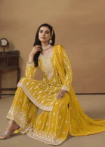 Yellow Embroidered Georgette Gharara Suit