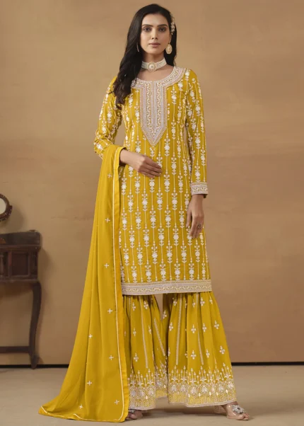 Yellow Embroidered Georgette Gharara Suit