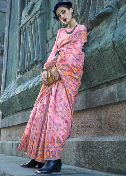 Baby Pink Kashmiri Jamawar Organza Saree