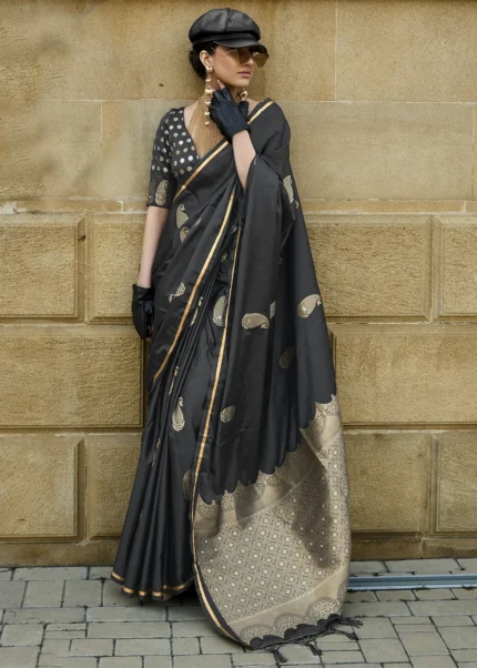 Black Banarasi Satin Saree with Brocade Blouse