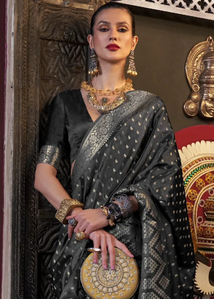 Black Banarasi Satin Silk Saree