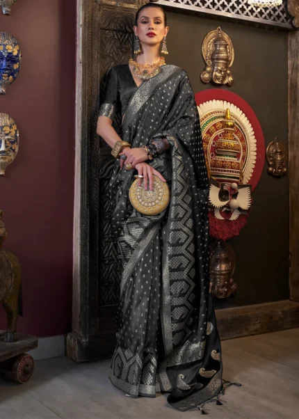 Black Banarasi Satin Silk Saree