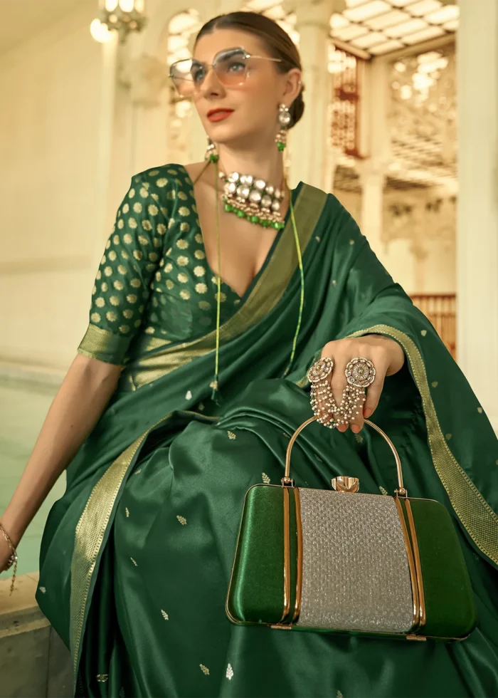 Bottle Green Banarasi Satin Silk Saree with Brocade Bouse