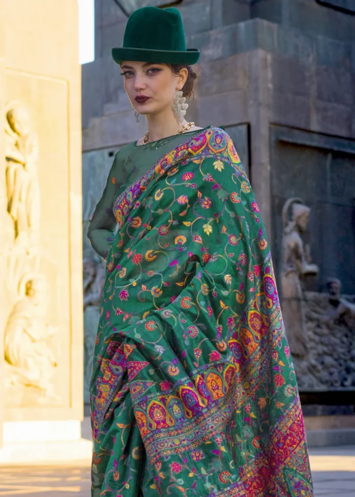 Bottle Green Kashmiri Jamawar Organza Saree