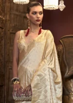 Cream Banarasi Satin Silk Saree