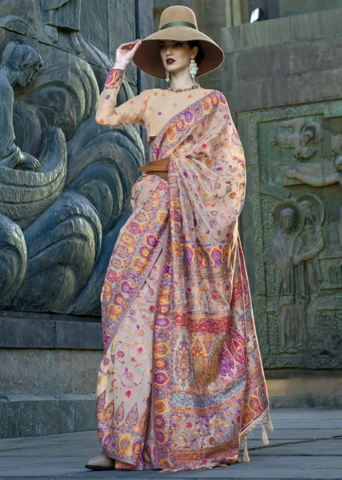 Cream Kashmiri Jamawar Organza Saree