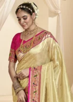 Cream Paithani Tissue Silk Saree with Pink Blouse