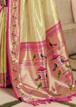 Cream Paithani Tissue Silk Saree with Pink Blouse