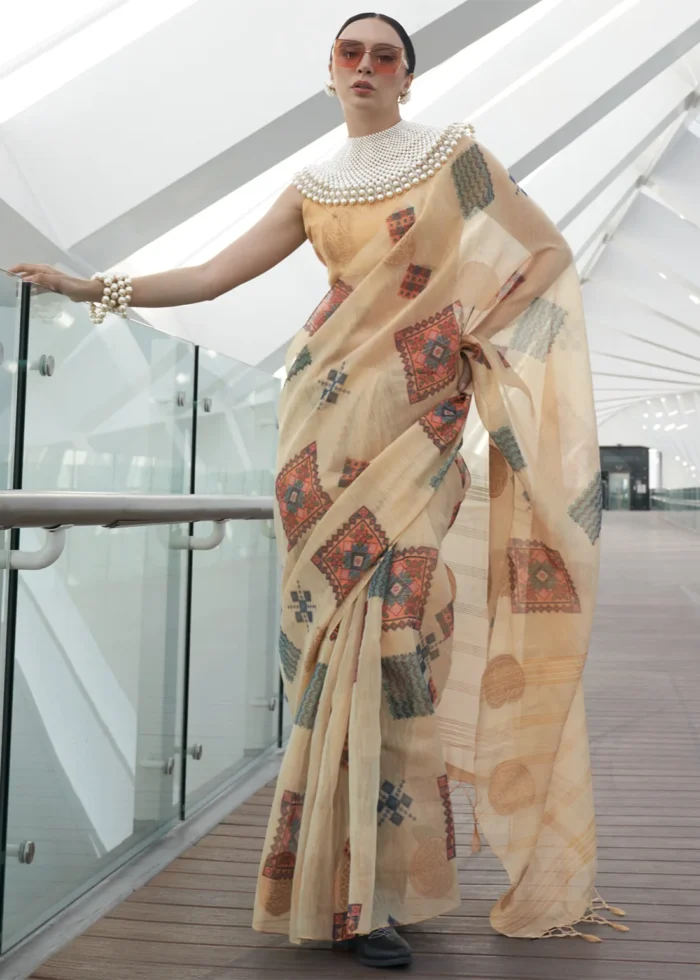 Cream Printed Linen Silk Saree with Zari Weaving