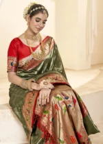 Dark Olive Paithani Tissue Silk Saree with Red Blouse