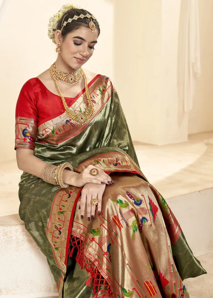 Dark Olive Paithani Tissue Silk Saree with Red Blouse