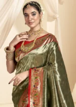 Dark Olive Paithani Tissue Silk Saree with Red Blouse