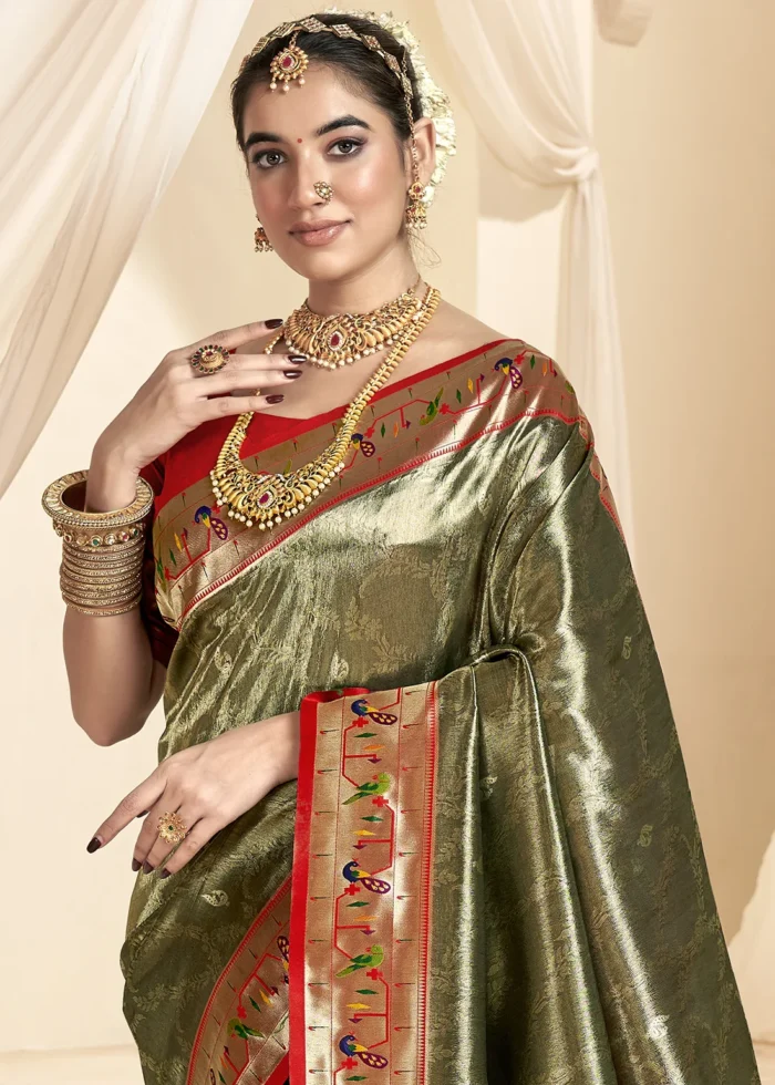 Dark Olive Paithani Tissue Silk Saree with Red Blouse