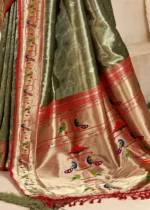 Dark Olive Paithani Tissue Silk Saree with Red Blouse