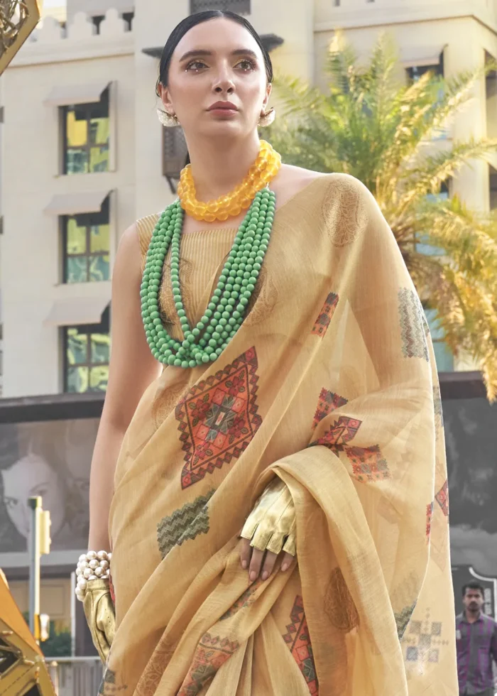 Earthy Beige Printed Linen Silk Saree with Zari Weaving