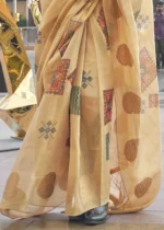 Earthy Beige Printed Linen Silk Saree with Zari Weaving