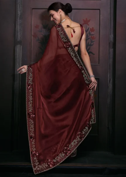 Embroidered Brown Organza Silk Saree with Stone Work