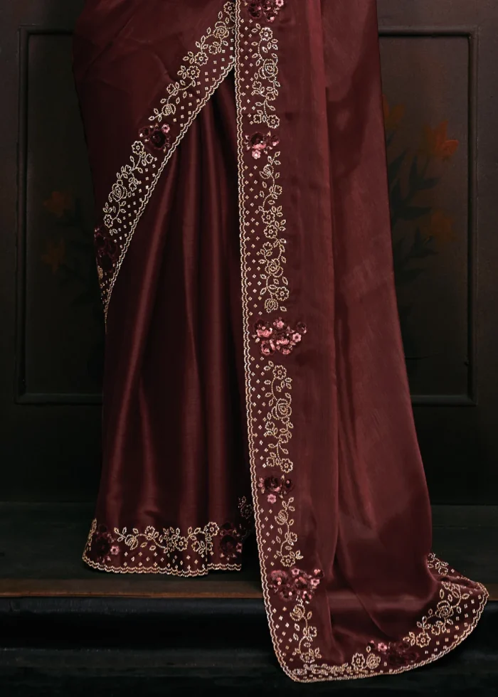 Embroidered Brown Organza Silk Saree with Stone Work