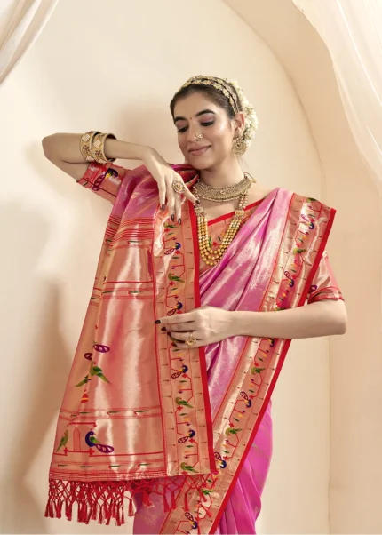 Fandango Pink Paithani Tissue Silk Saree with Red Blouse