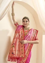 Fandango Pink Paithani Tissue Silk Saree with Red Blouse