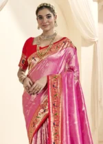 Fandango Pink Paithani Tissue Silk Saree with Red Blouse