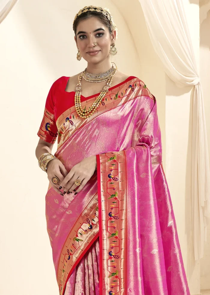 Fandango Pink Paithani Tissue Silk Saree with Red Blouse