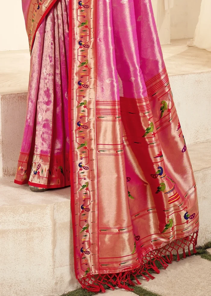 Fandango Pink Paithani Tissue Silk Saree with Red Blouse