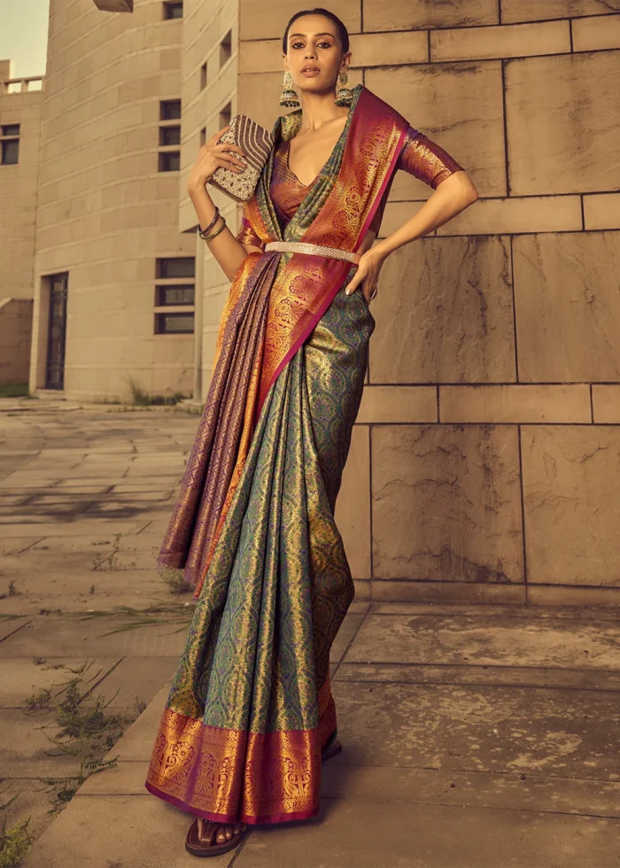 Green and Purple Banarasi Brocade Silk Saree