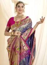 Indigo Paithani Tissue Silk Saree with Pink Blouse