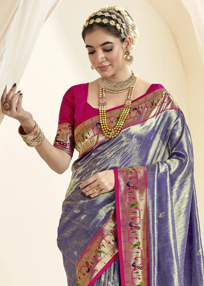 Indigo Paithani Tissue Silk Saree with Pink Blouse