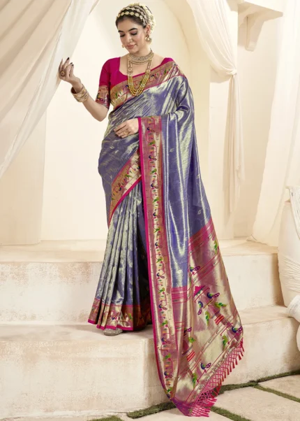 Indigo Paithani Tissue Silk Saree with Pink Blouse