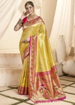 Lemon Yellow Paithani Tissue Silk Saree with Pink Blouse