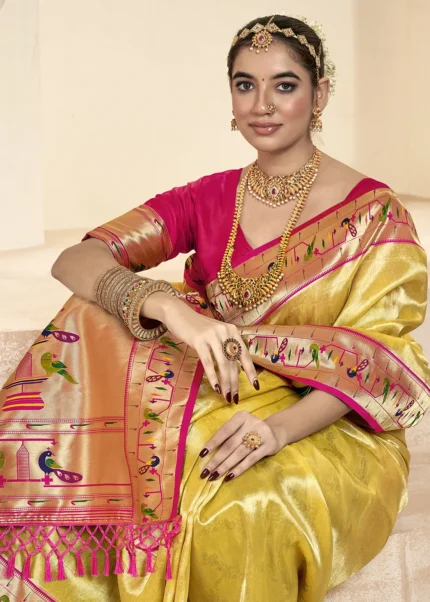 Lemon Yellow Paithani Tissue Silk Saree with Pink Blouse