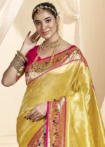 Lemon Yellow Paithani Tissue Silk Saree with Pink Blouse