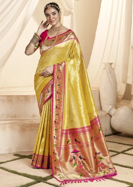 Lemon Yellow Paithani Tissue Silk Saree with Pink Blouse