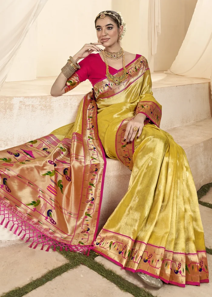 Lemon Yellow Paithani Tissue Silk Saree with Pink Blouse