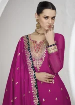 Magenta Embroidered Chinon Silk Lehenga Suit