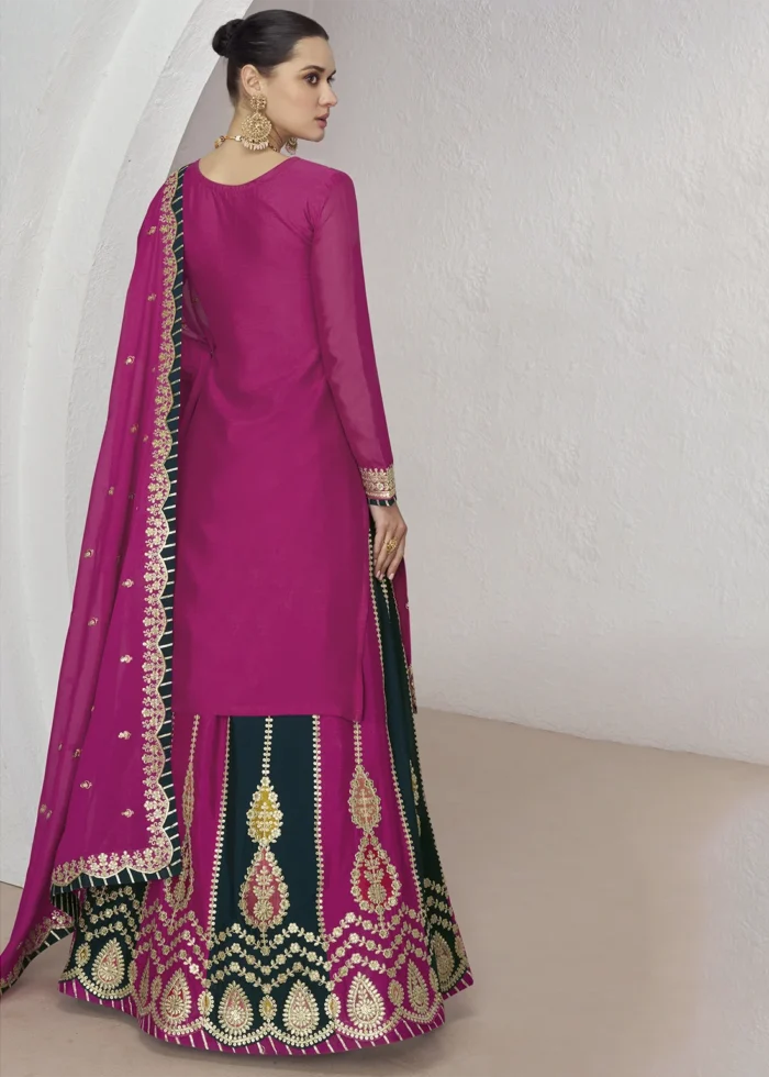 Magenta Embroidered Chinon Silk Lehenga Suit