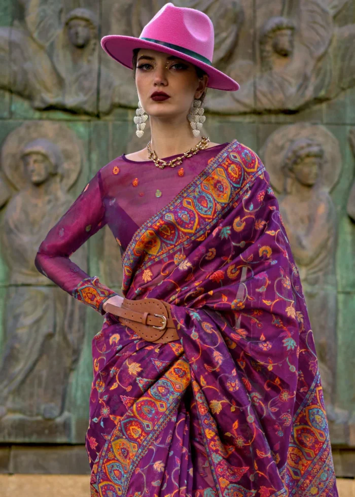 Magenta Kashmiri Jamawar Organza Saree