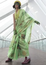 Mint Green Printed Linen Silk Saree with Zari Weaving