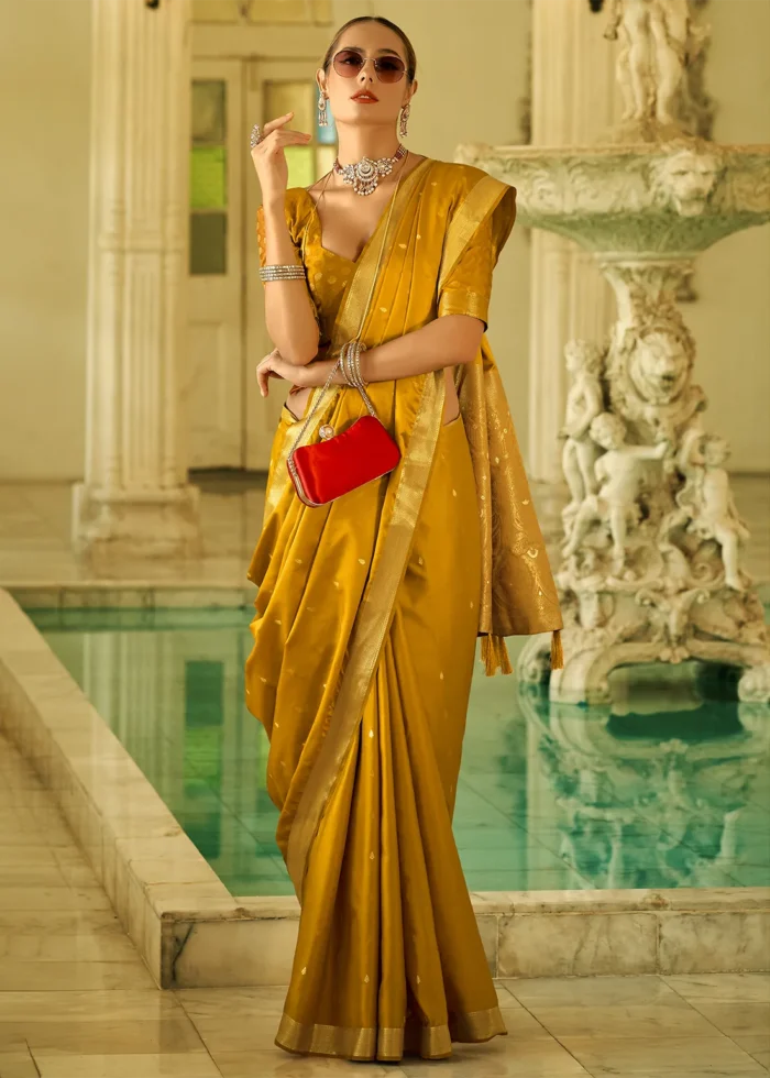 Mustard Yellow Banarasi Satin Silk Saree with Brocade Bouse