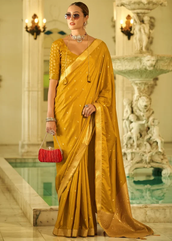 Mustard Yellow Banarasi Satin Silk Saree with Brocade Bouse