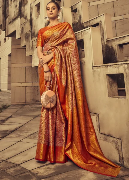 Orange Banarasi Brocade Silk Saree